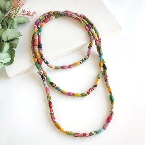 Fair Trade NWT Long Necklace Bracelet Handmade Boho Upcycled Kantha Fabric Beads